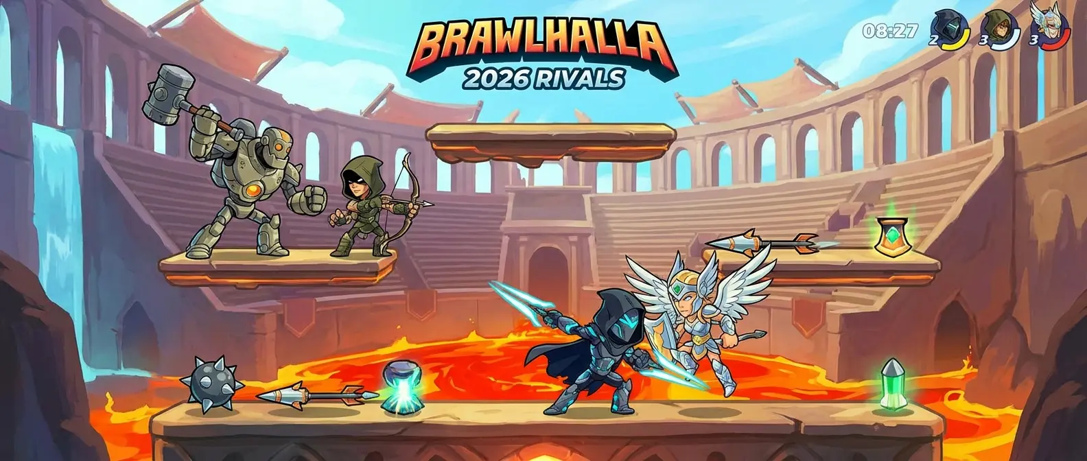 Brawlhalla platform fighter gameplay with various weapon types