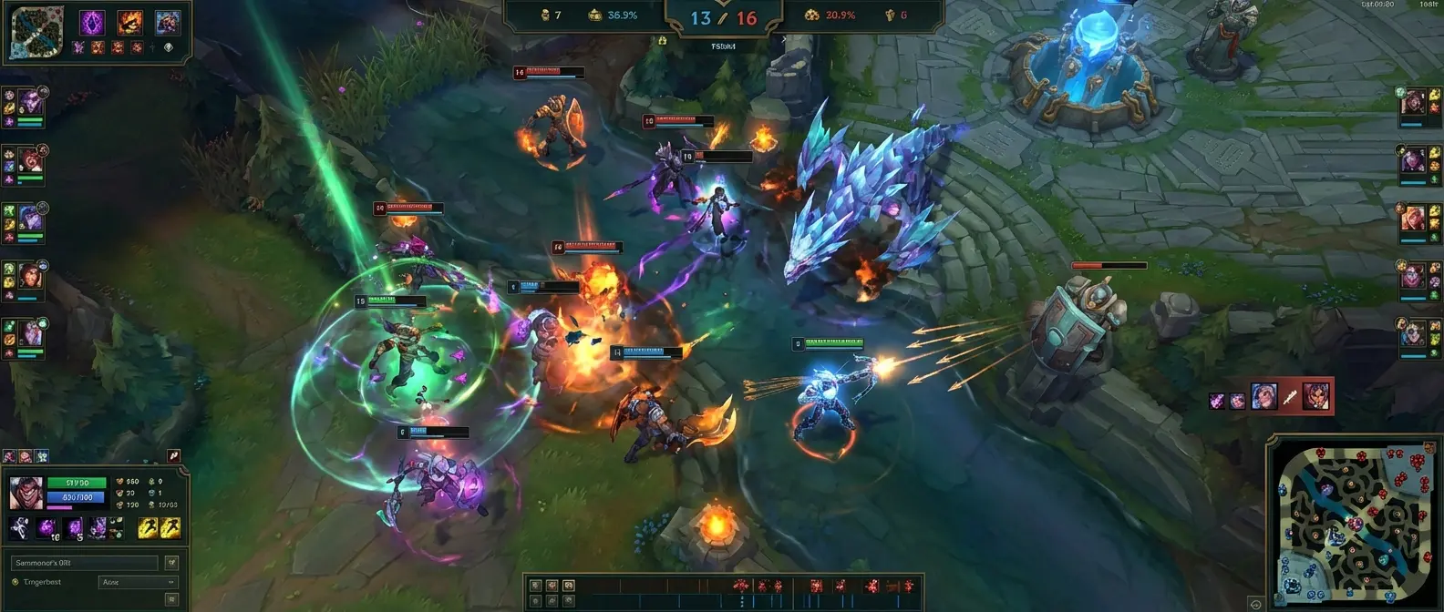 League of Legends MOBA gameplay with champions and team fights
