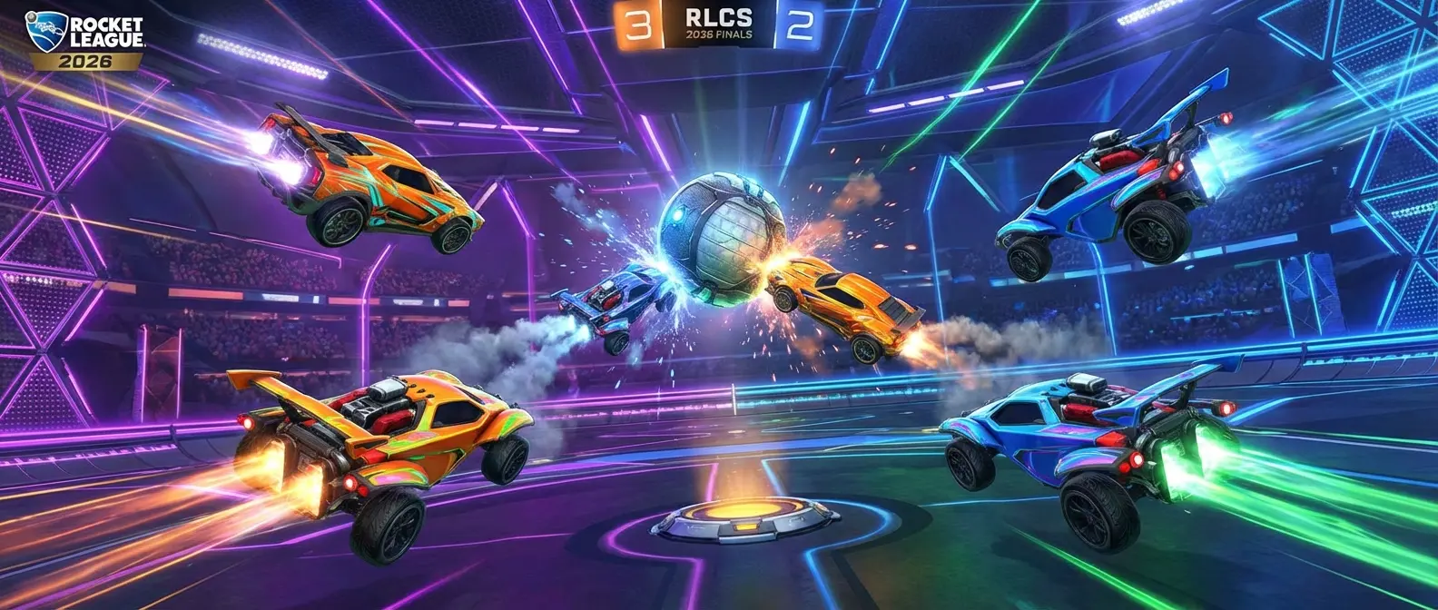 Rocket League car soccer gameplay with aerial stunts and goals