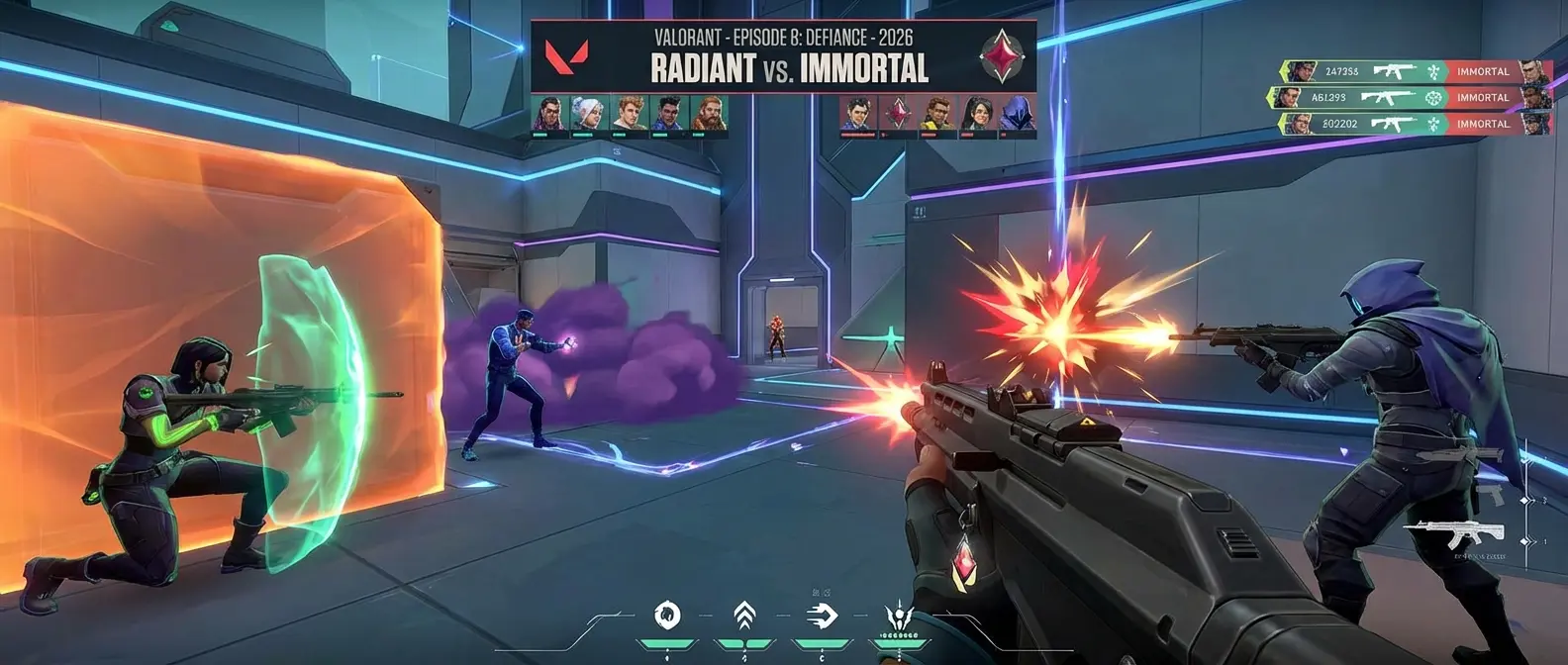 Valorant tactical shooter gameplay with agent abilities and precise gunplay