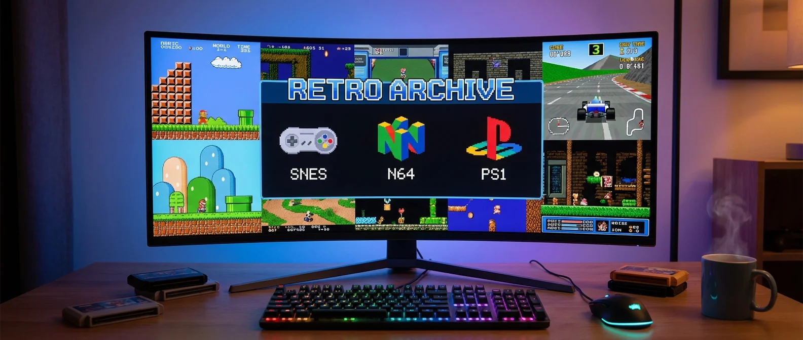 RetroArch interface showing multiple classic game consoles and emulator cores for PC gaming