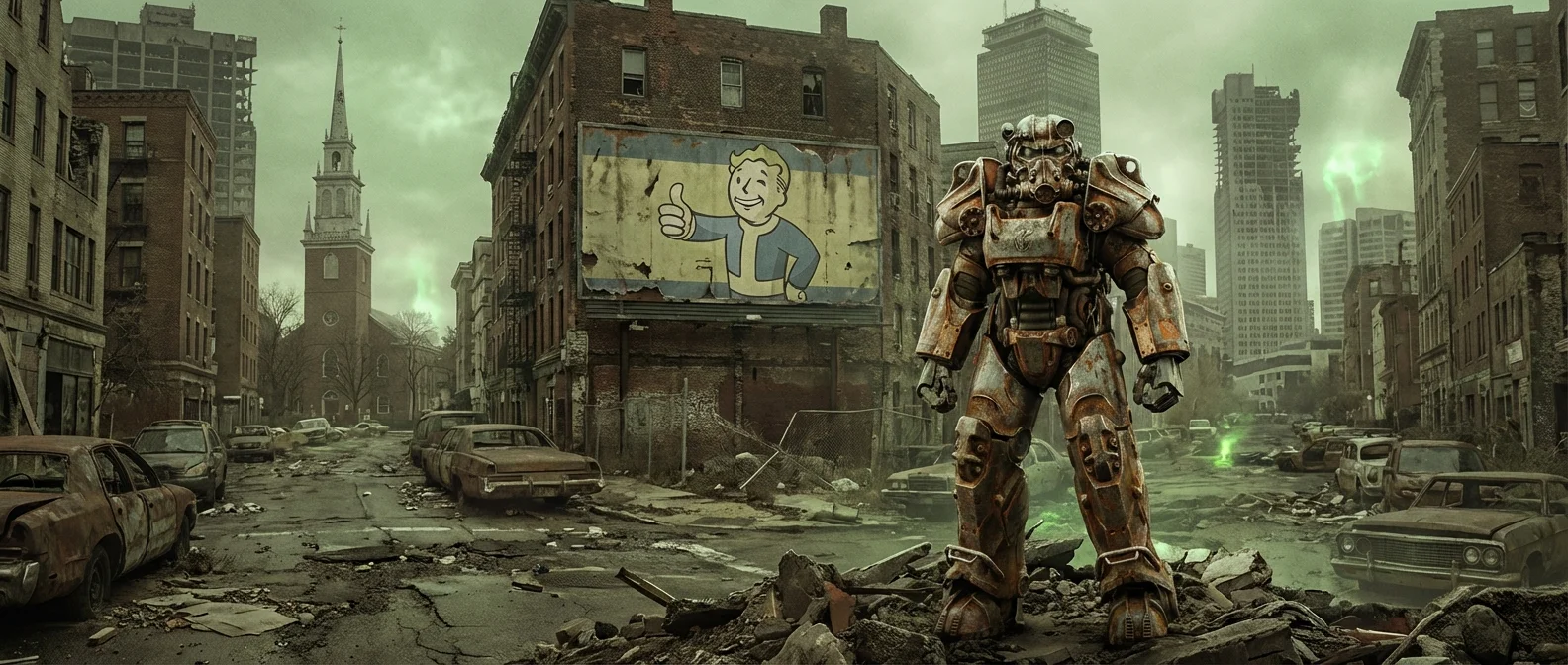 Fallout 4 Anniversary Edition cover art showing the Lone Wanderer in power armor overlooking the Commonwealth wasteland