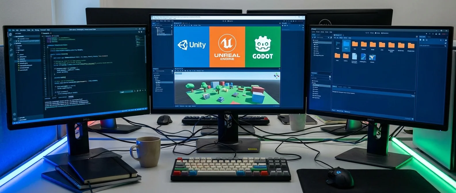 Comparison chart showing Unreal Engine 6, Unity 2026, and Godot 4 features and capabilities for game developers