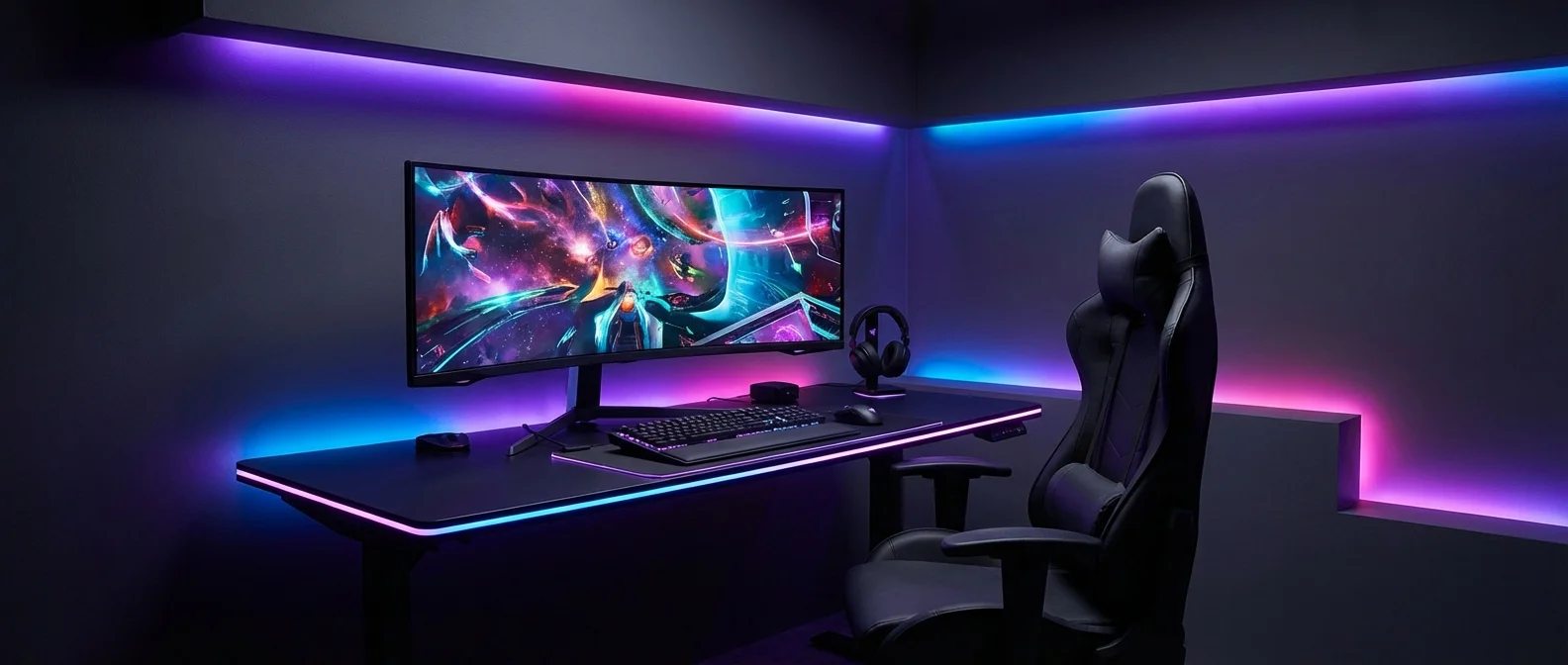 Complete gaming room setup with RGB lighting, multiple monitors, ergonomic chair and organized cable management