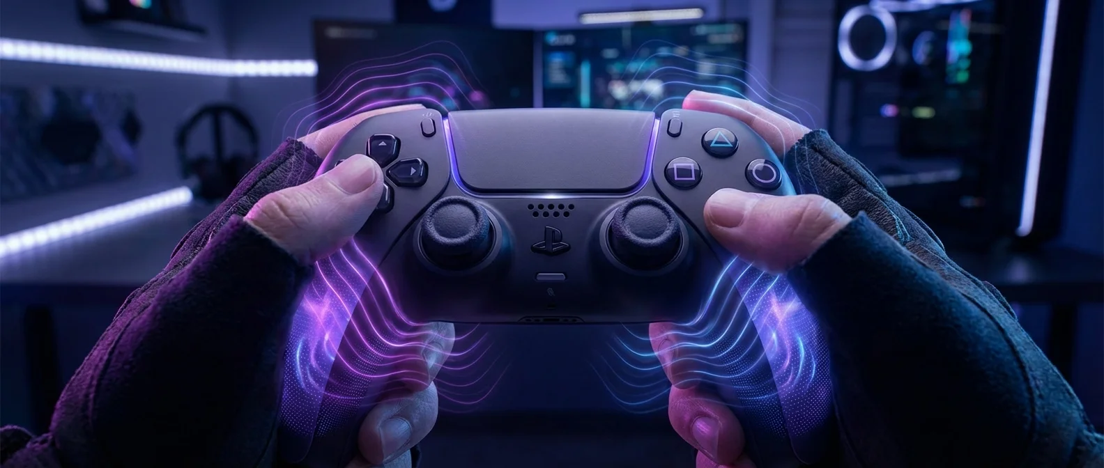 Advanced haptic feedback controller showing tactile gaming technology and touch simulation features