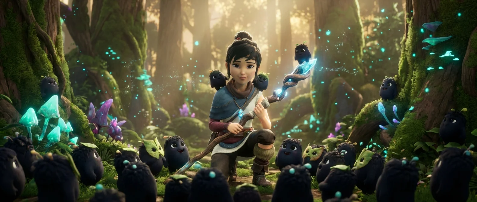 Kena: Scars of Kosmora gameplay screenshot showing the protagonist exploring the mystical Island of Kosmora with enhanced visuals