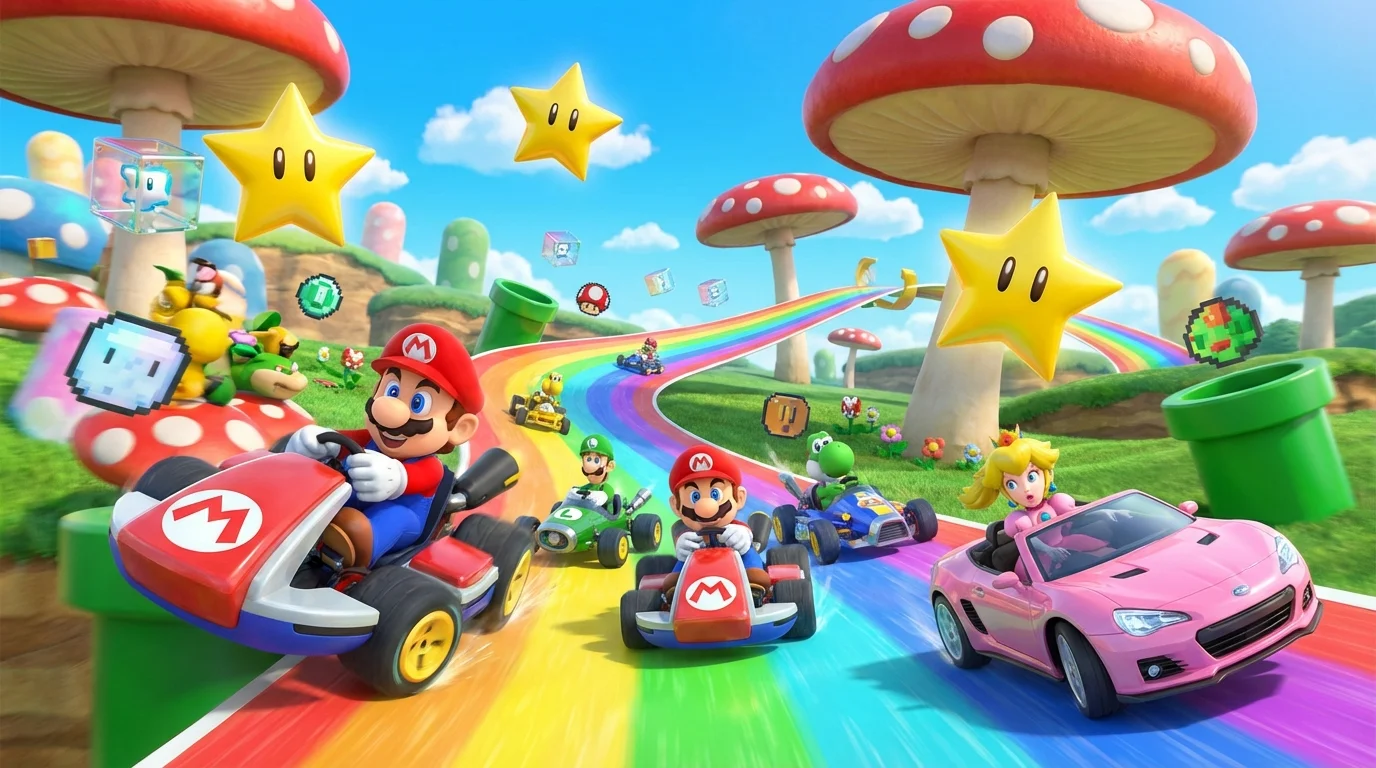 Mario Kart World open-world racing gameplay showing multiple characters racing across diverse environments on Nintendo Switch 2