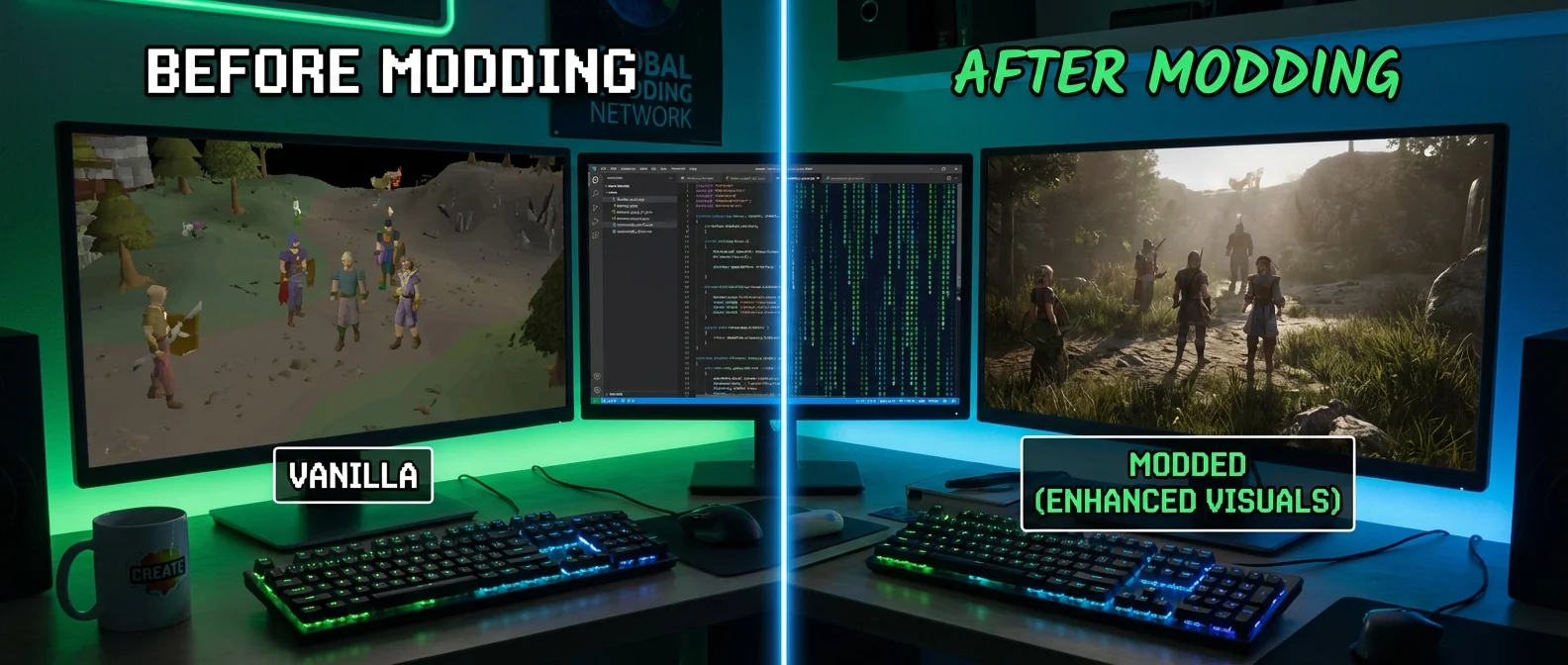 PC gaming setup with multiple monitors showing mod installation interface and popular modded games