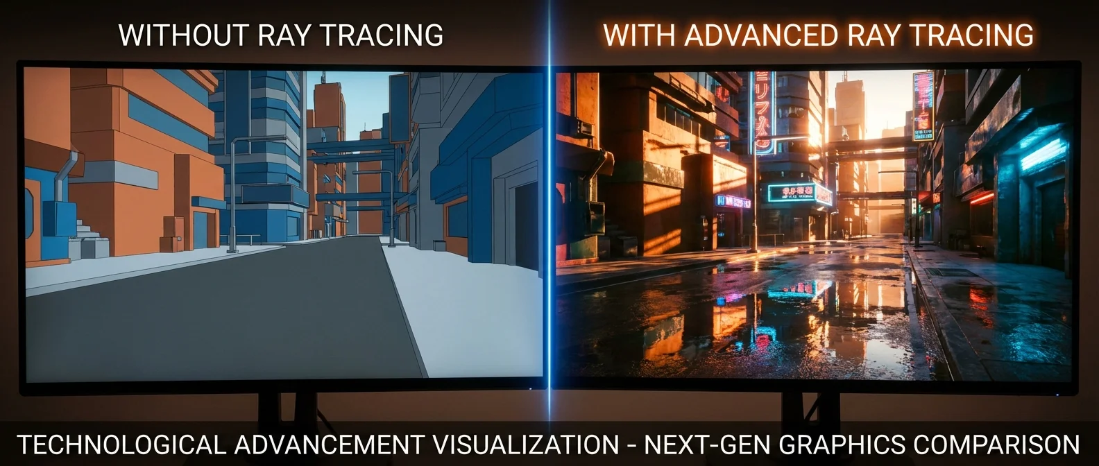 Ray tracing technology comparison showing realistic reflections and lighting in modern gaming graphics
