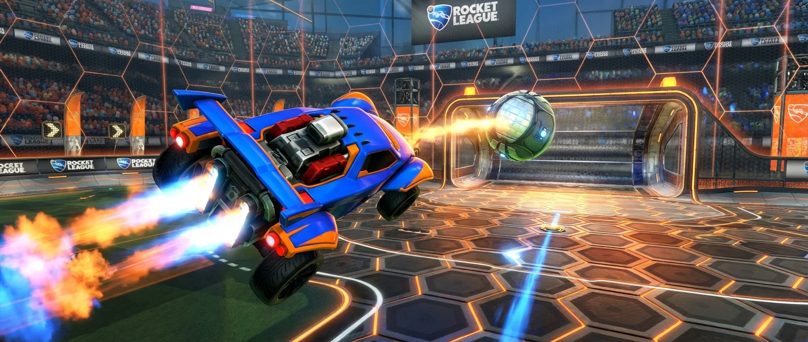 Rocket League competitive ranked gameplay showing aerial maneuvers and strategic positioning