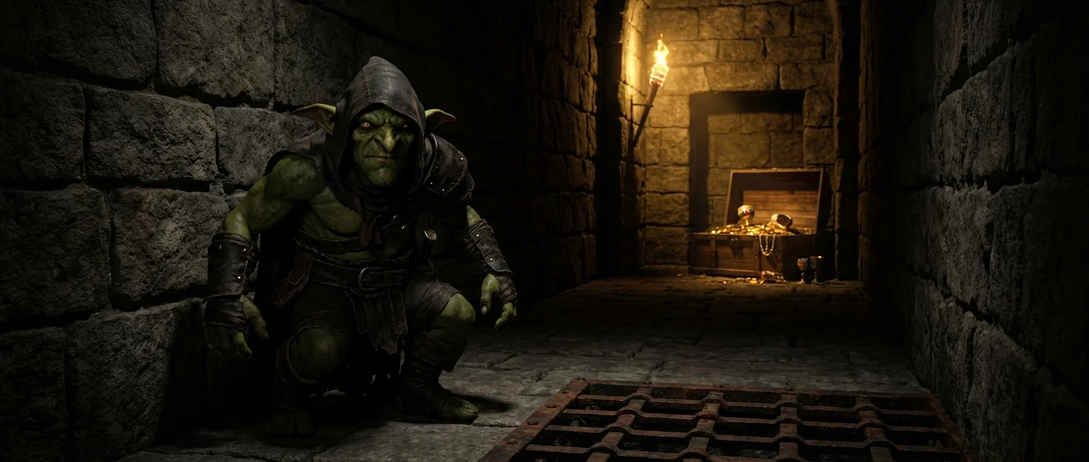 Styx: Blades of Greed gameplay screenshot showing the goblin protagonist sneaking through dark fantasy environments