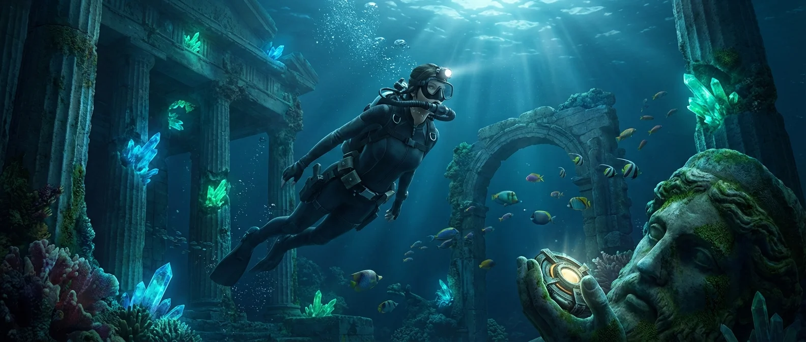 Tomb Raider Legacy of Atlantis screenshot showing Lara Croft in Unreal Engine 5 graphics exploring ancient ruins