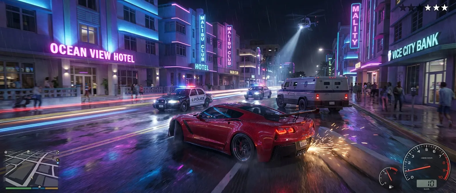 High-speed nighttime chase scene through Vice City with police cars and neon reflections