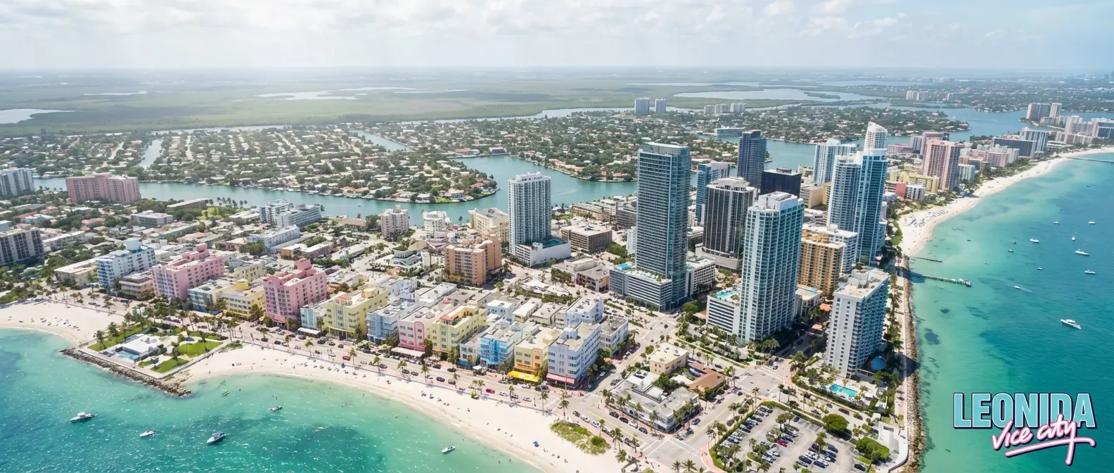 Aerial view of Leonida's Vice City showing expansive urban landscape and beaches