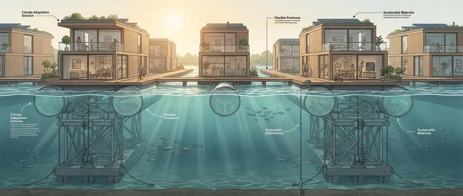 Aerial view of IJburg floating neighborhood in Amsterdam showing interconnected floating homes and green spaces