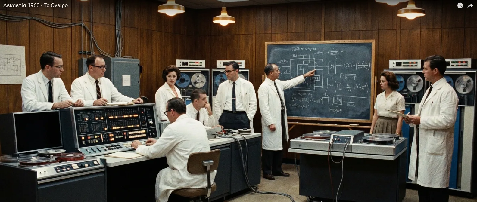 1960s computer scientists working with massive mainframe computers in early research labs