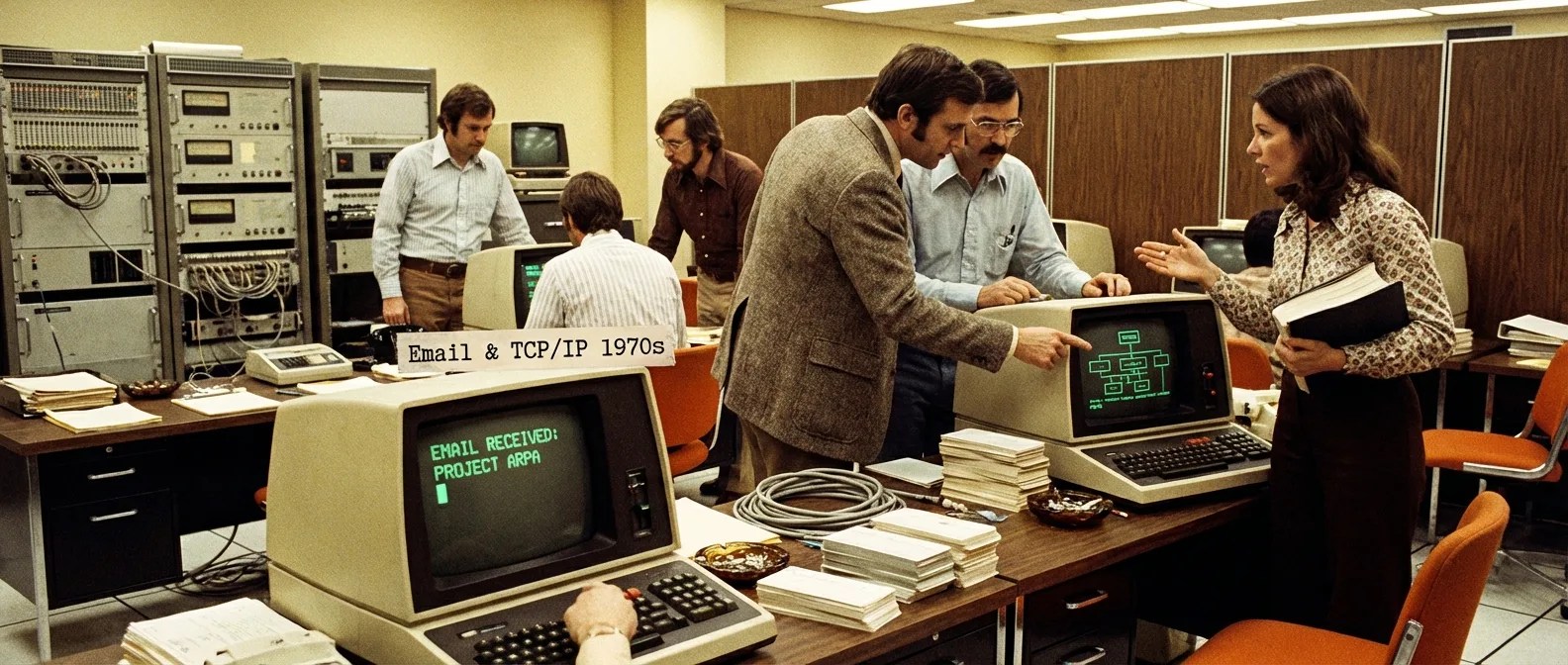 1970s researchers using early computer terminals and developing networking protocols