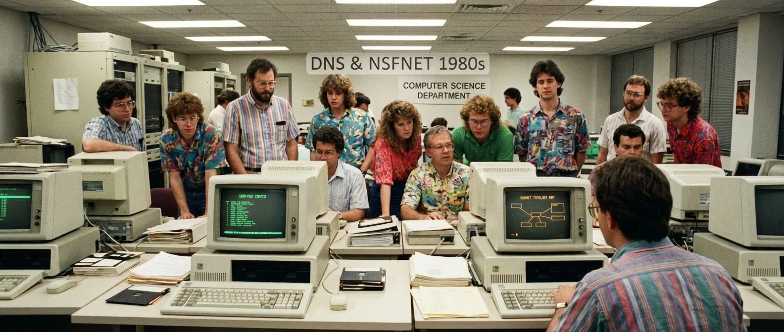 1980s university computer lab featuring era-typical desktop computers and networking equipment