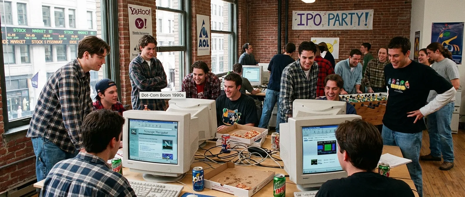 1990s dot-com startup office during the internet boom with early web browsers and modems