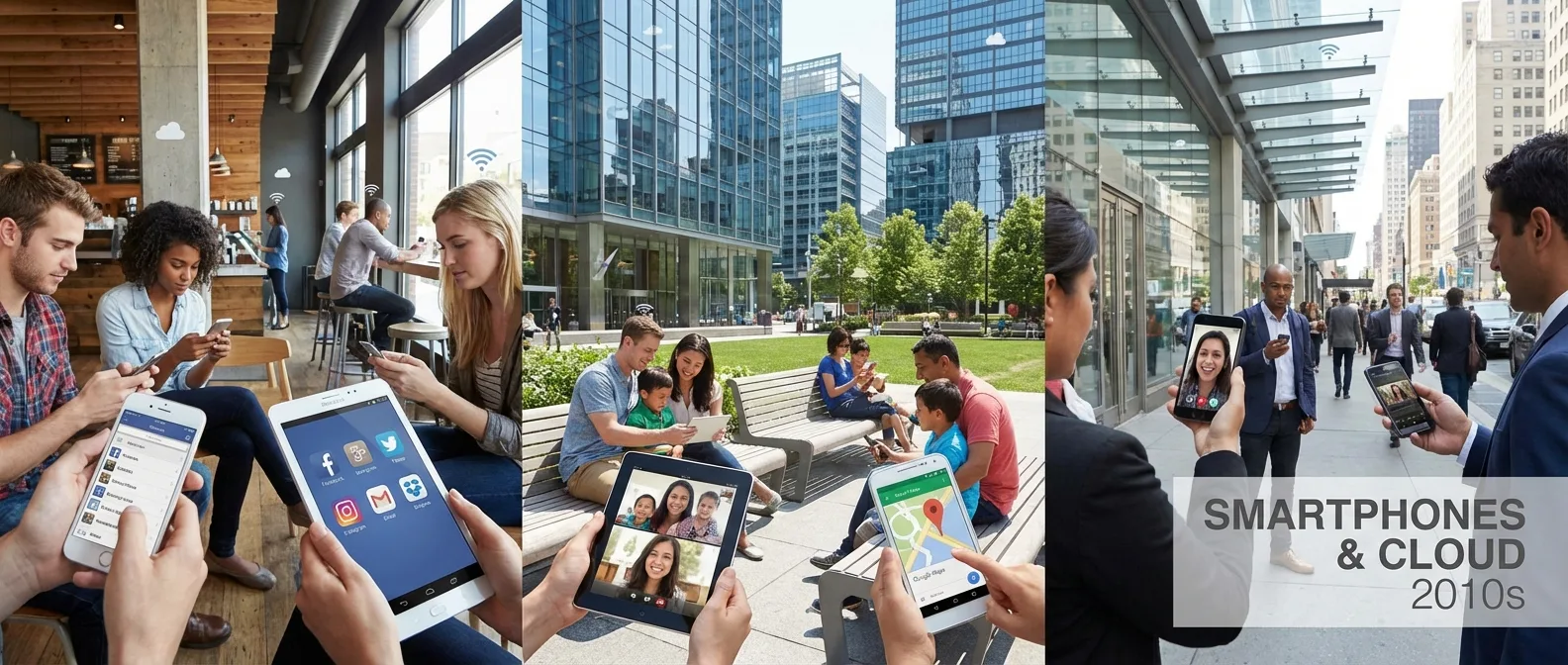 2010s smartphone and cloud computing revolution with mobile apps and data centers