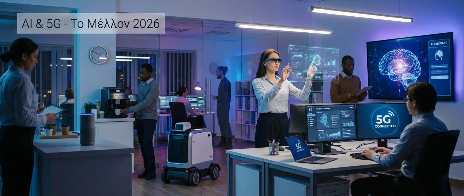 2020s modern technology landscape featuring AI assistants, 5G networks, and IoT devices