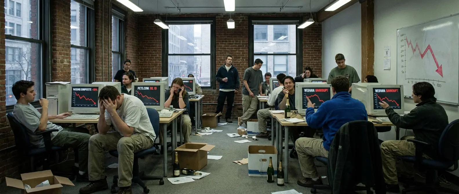 Dot-com bubble crash visualization showing dramatic stock market decline in early 2000s