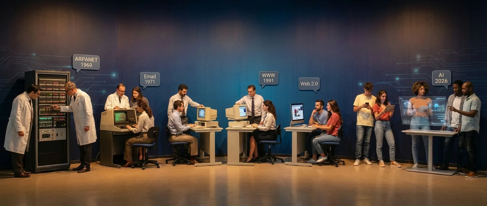 Timeline showing internet evolution from ARPANET 1969 to modern AI-powered networks 2026