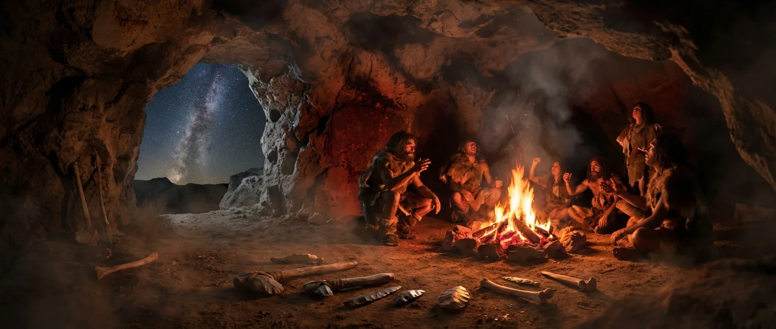 Prehistoric humans making fire and crafting stone tools