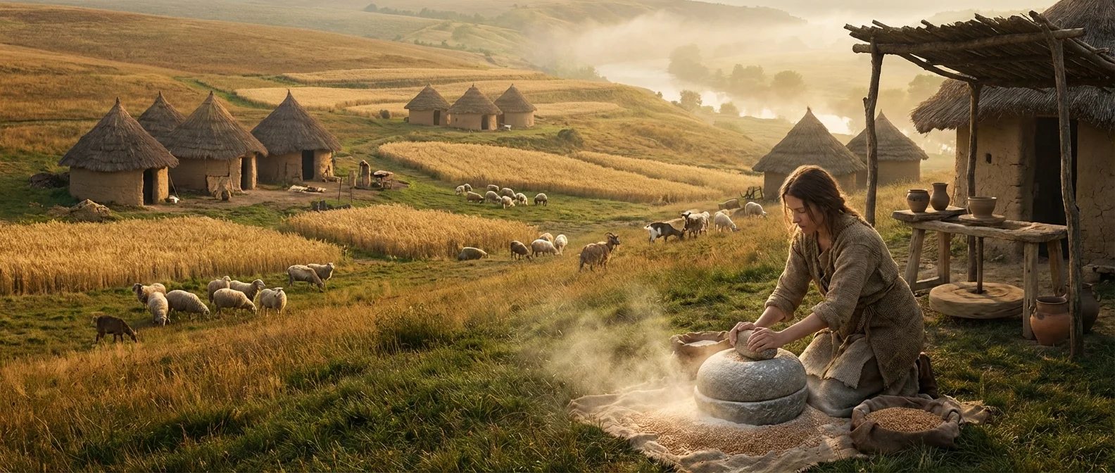 Agricultural revolution with farming settlements and early writing systems