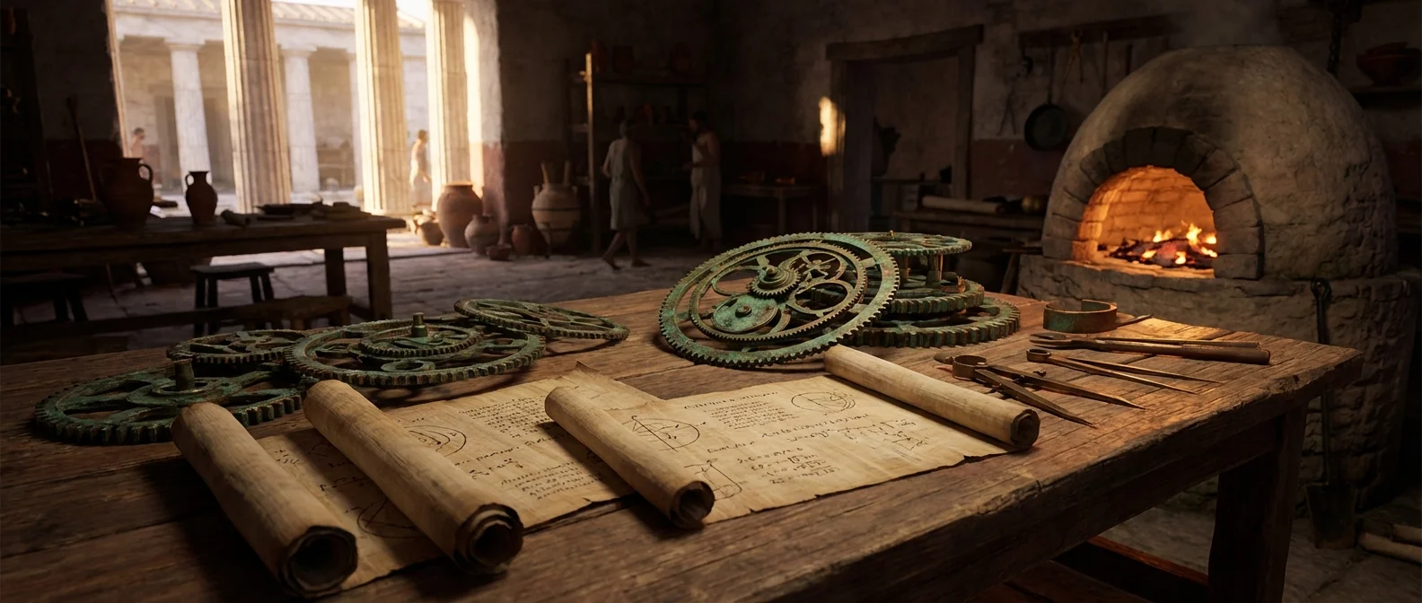 Ancient civilizations developing metallurgy, mathematics and mechanical devices