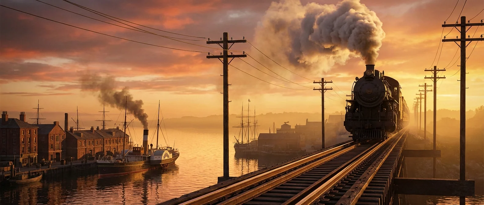 19th century railways and telegraph lines connecting distant cities