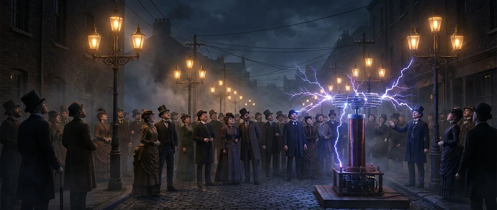 Edison and Tesla's electrical inventions illuminating modern cities