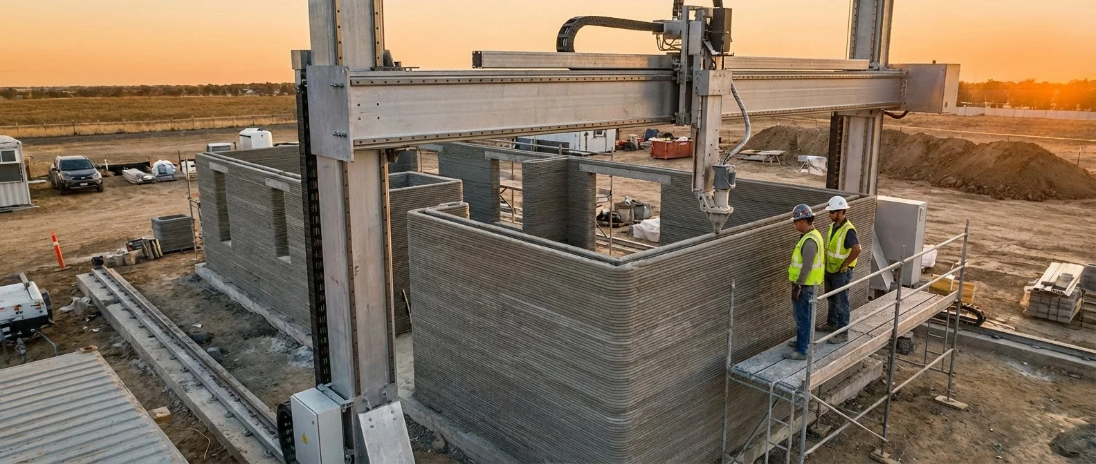 3D printer constructing a concrete house layer by layer in under 24 hours