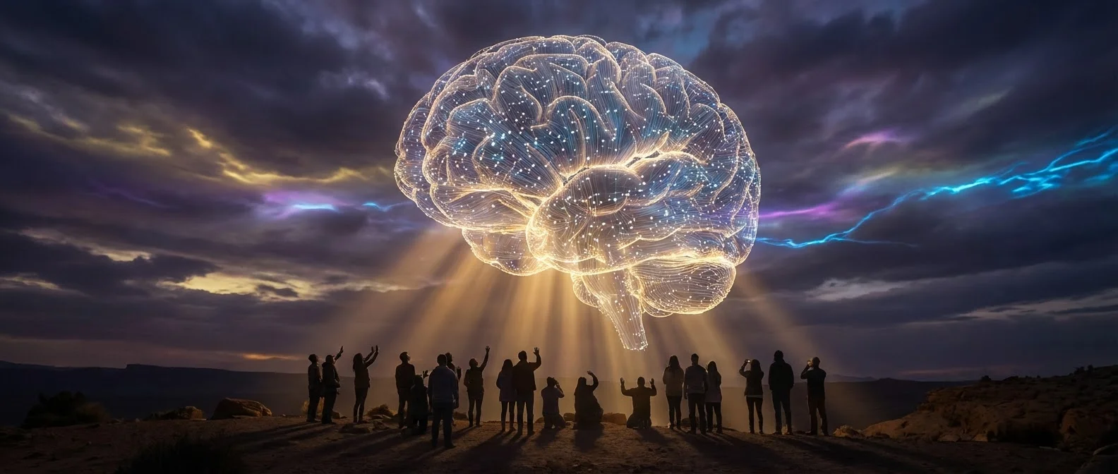 Conceptual visualization of AGI representing humanity's last invention with AI surpassing human intelligence