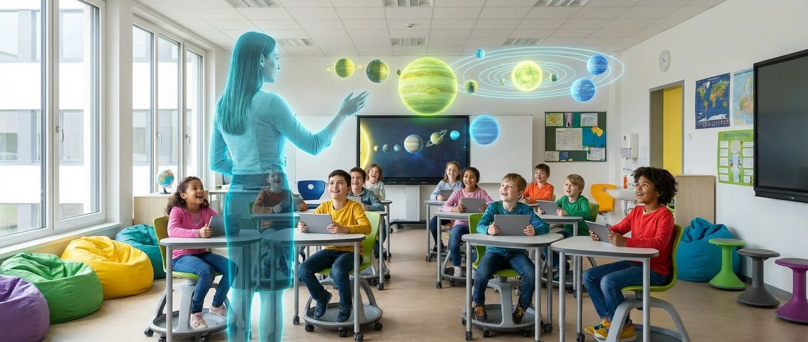 AI holographic teacher instructing students in futuristic classroom with personalized learning displays