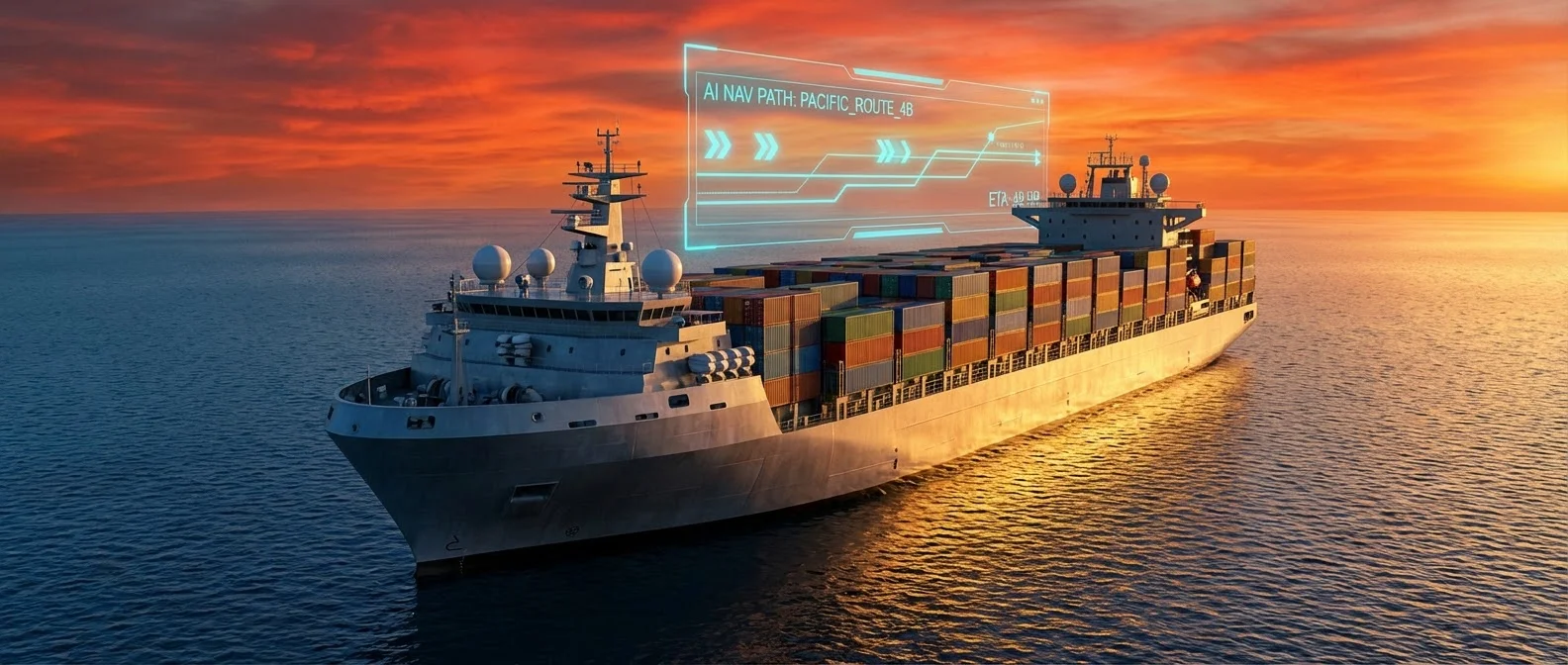 Autonomous cargo ship navigating ocean waters using AI technology and satellite systems