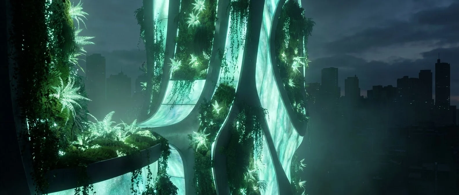 Futuristic bioluminescent building facade glowing blue-green at night without electrical lighting