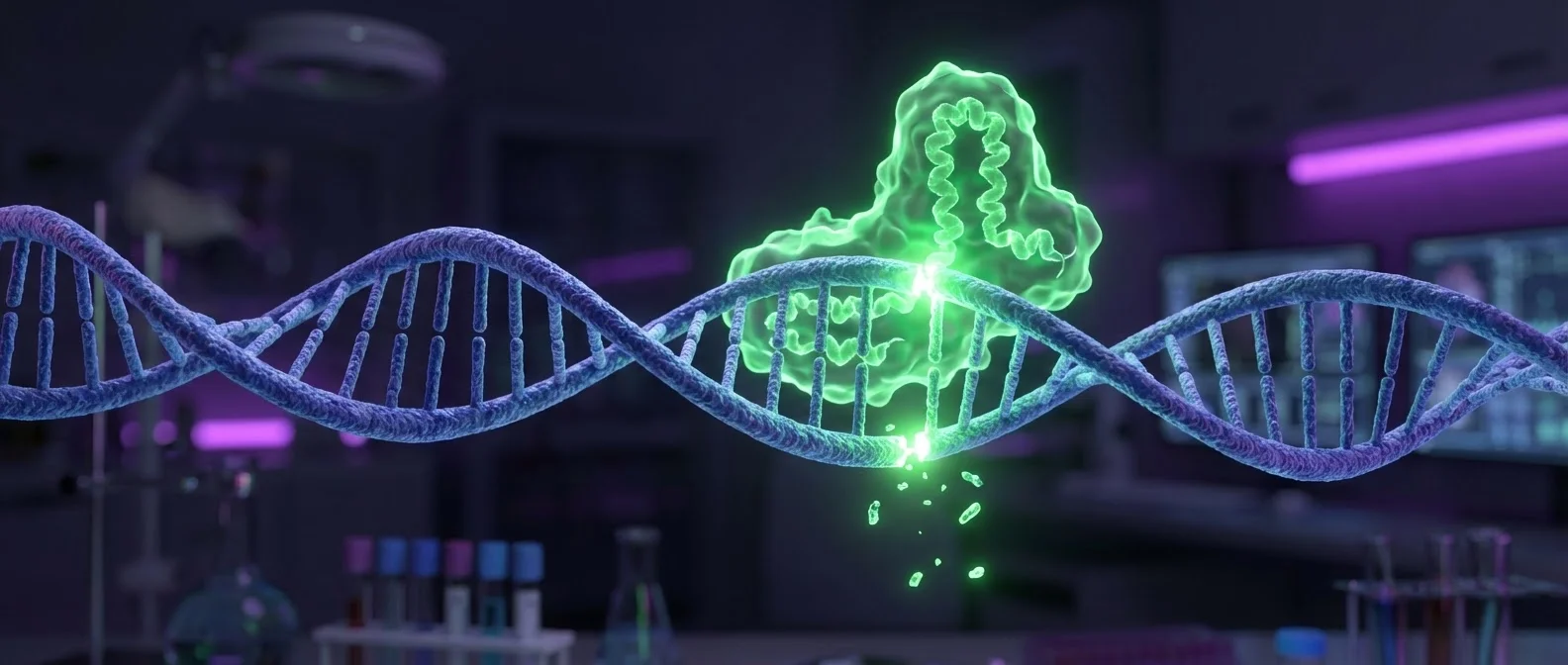 CRISPR-Cas9 gene editing technology cutting DNA strands to eliminate hereditary diseases