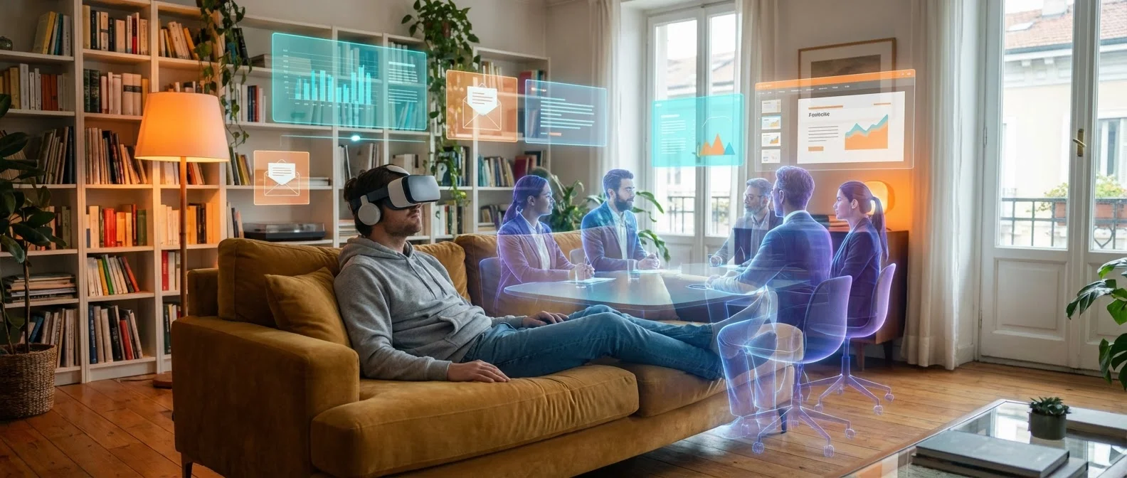 Futuristic office workspace showing holographic meetings, AI assistants, and flexible work arrangements representing work in 2040