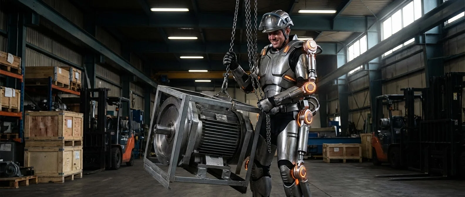 Person wearing advanced robotic exoskeleton suit demonstrating superhuman lifting capabilities in industrial setting