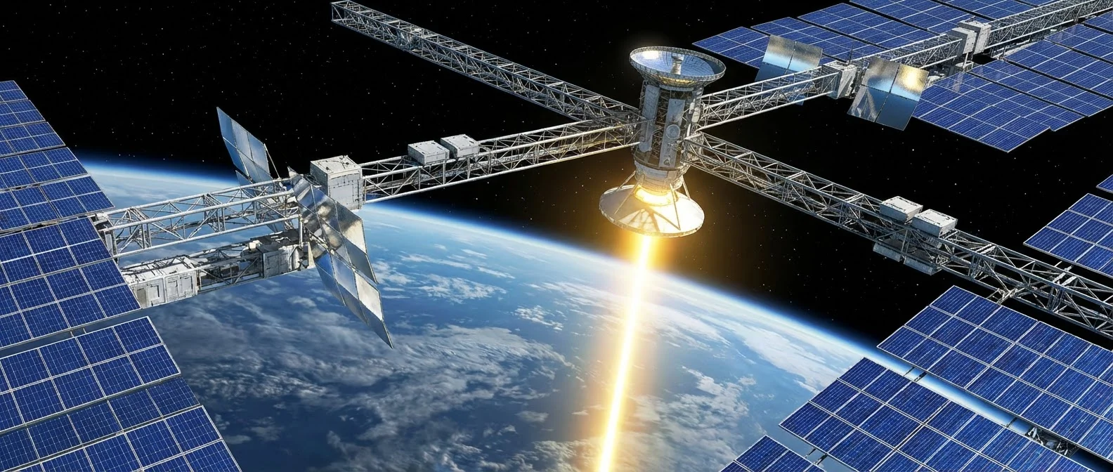Solar power satellites collecting energy in orbit with Earth visible below, showing wireless power transmission beams
