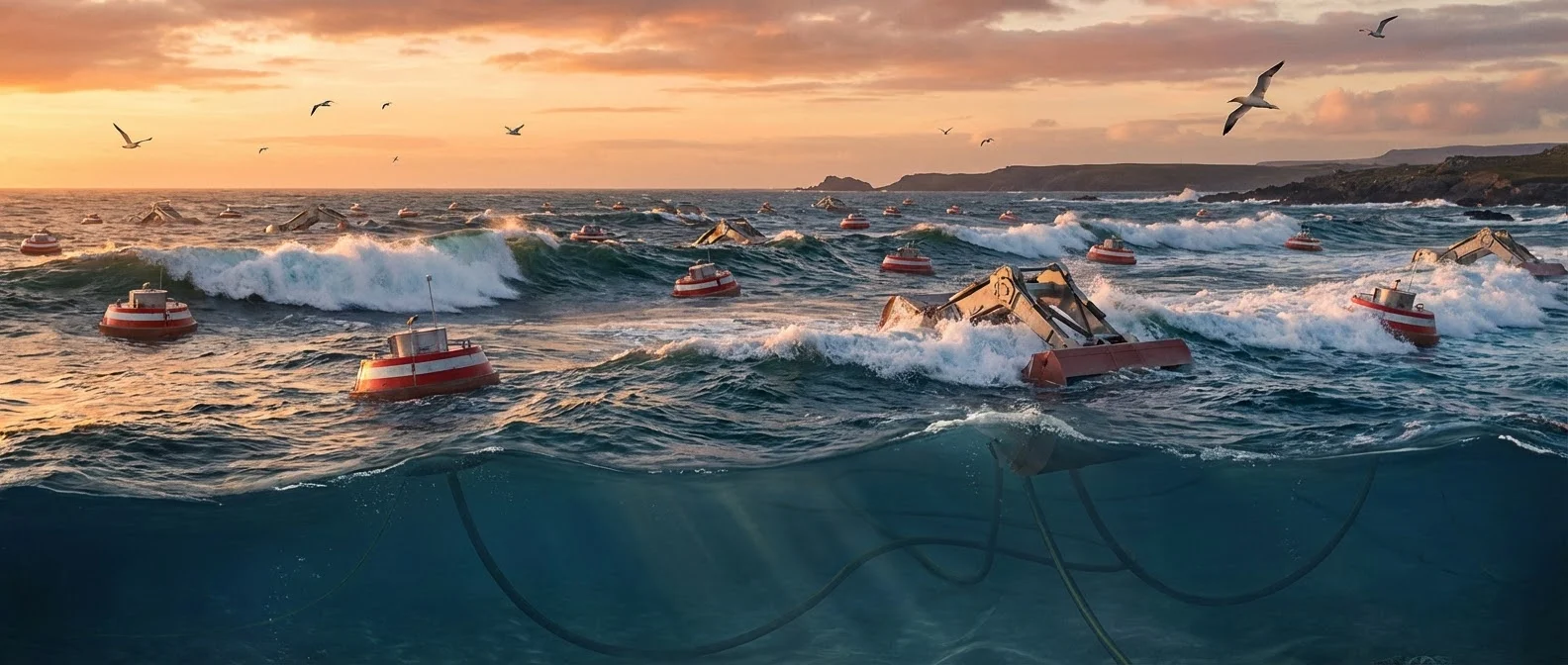 Wave energy converters floating in ocean waves generating renewable electricity from wave motion