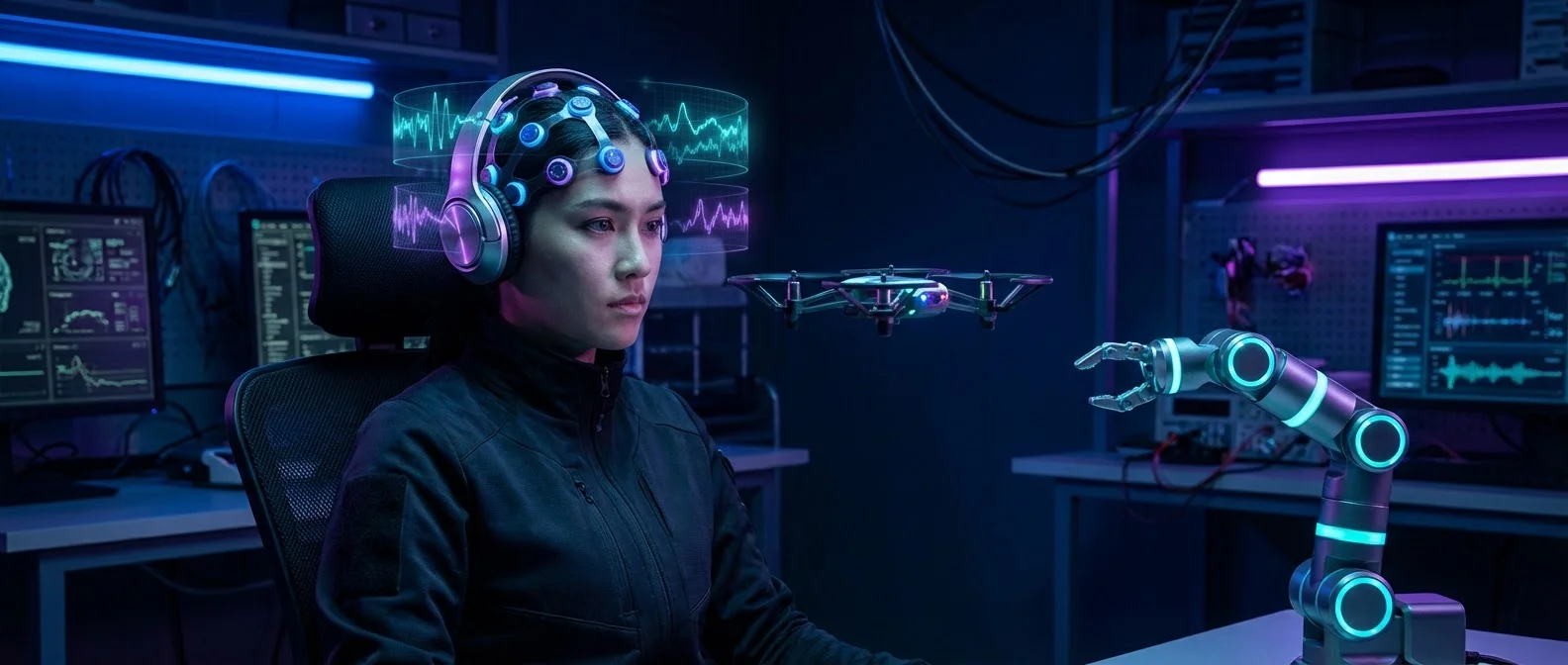 Brain-computer interface visualization showing neural signals being translated into digital commands for device control