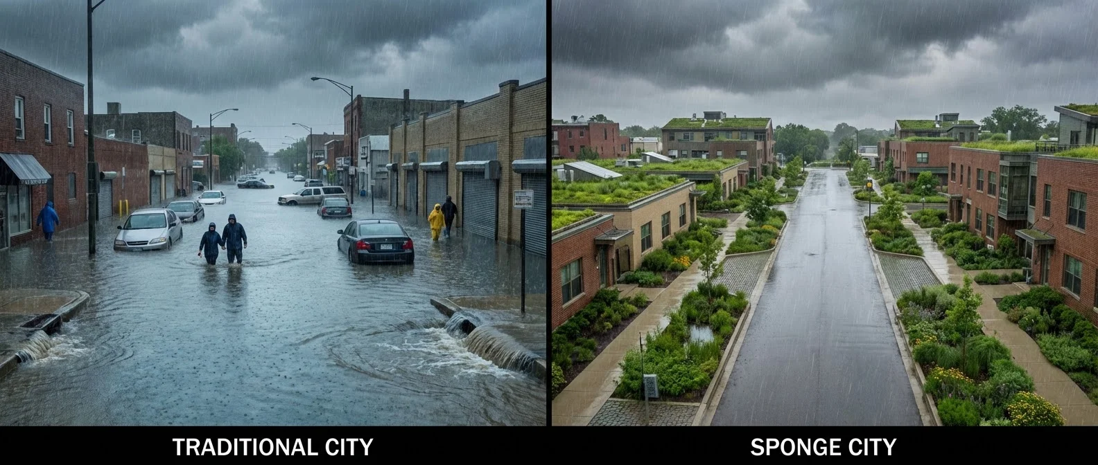 Green infrastructure in a modern sponge city showing permeable surfaces and rain gardens absorbing stormwater