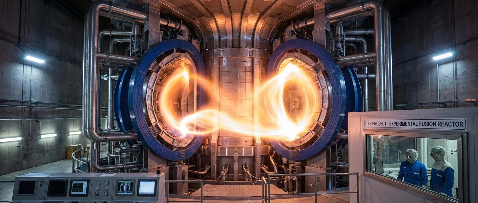 Nuclear fusion reactor tokamak chamber with glowing plasma creating unlimited clean energy