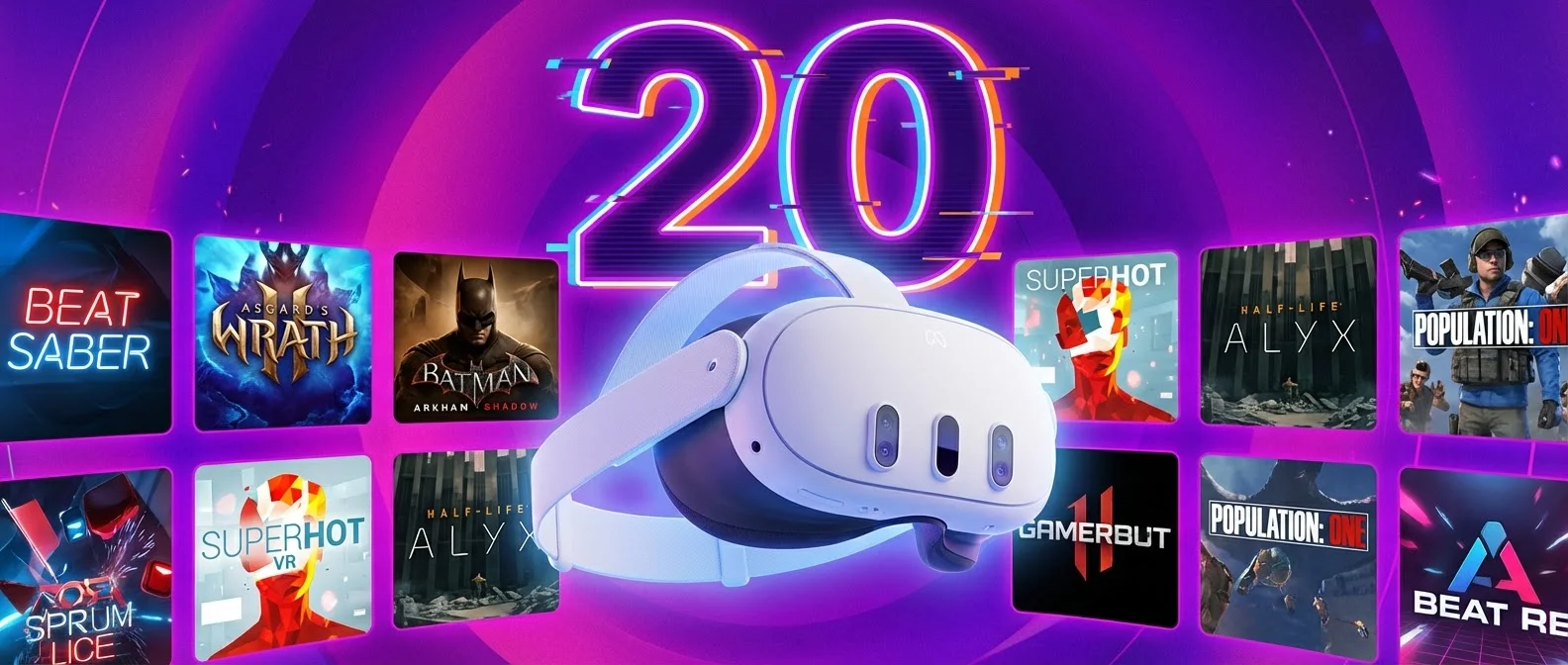 Meta Quest 3 headset displaying the top 20 VR games of 2026 including Beat Saber, Asgard's Wrath 2, and other popular titles