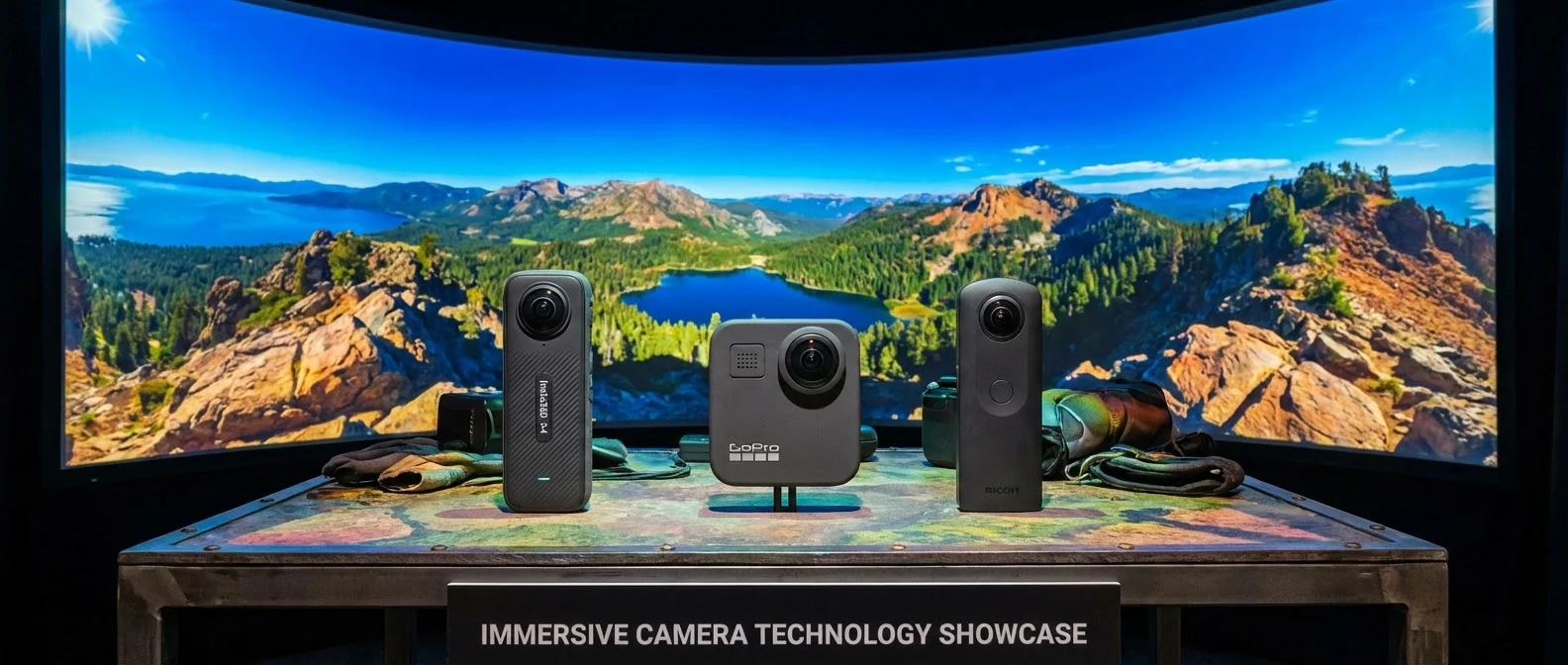 Professional 360° camera comparison showing Insta360 X5, GoPro MAX2, DJI Osmo 360 and Ricoh Theta models with 8K recording capabilities