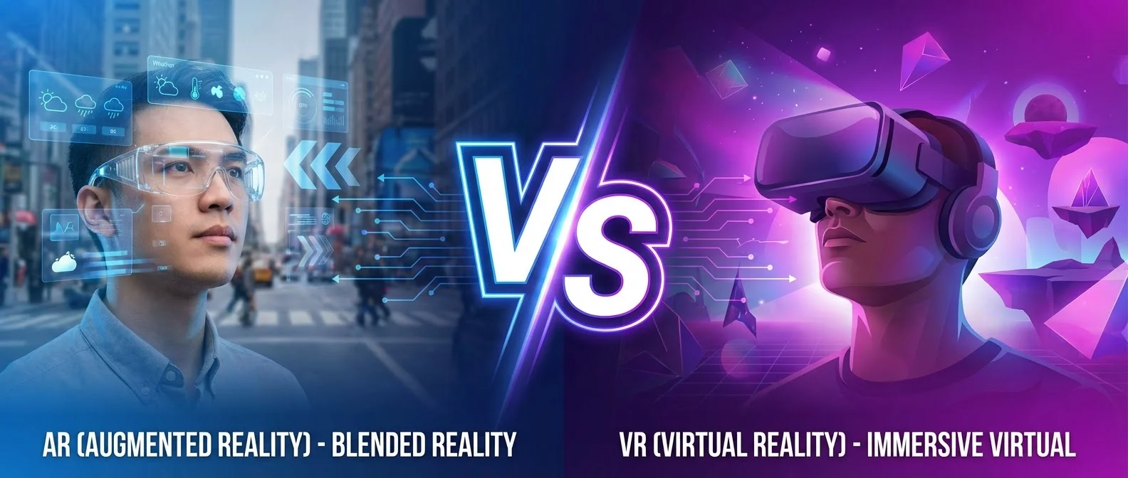 AR vs VR comparison showing user statistics and market projections for 2026