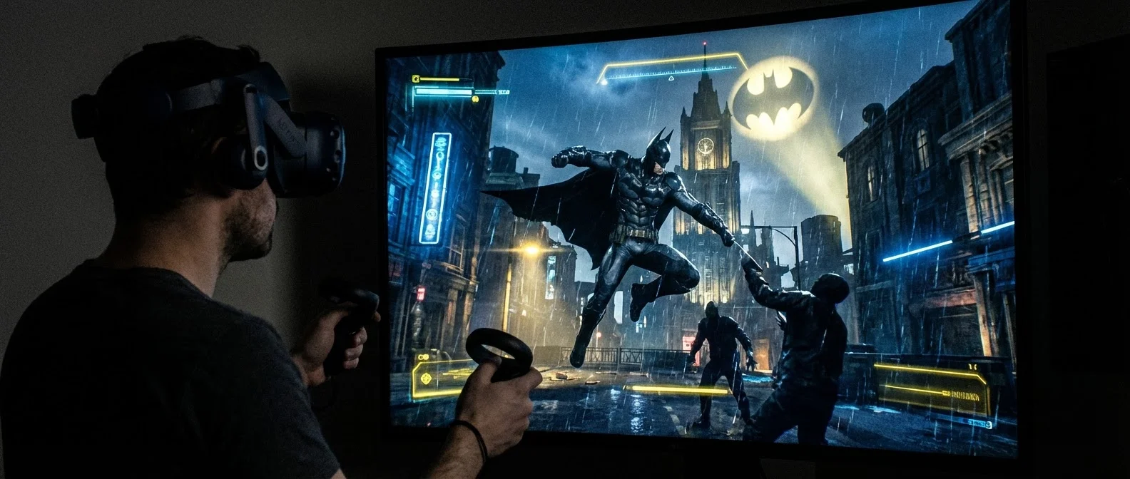 Batman Arkham Shadow VR gameplay με τον παίκτη να μάχεται εχθρούς στο Gotham City στο Meta Quest 3
