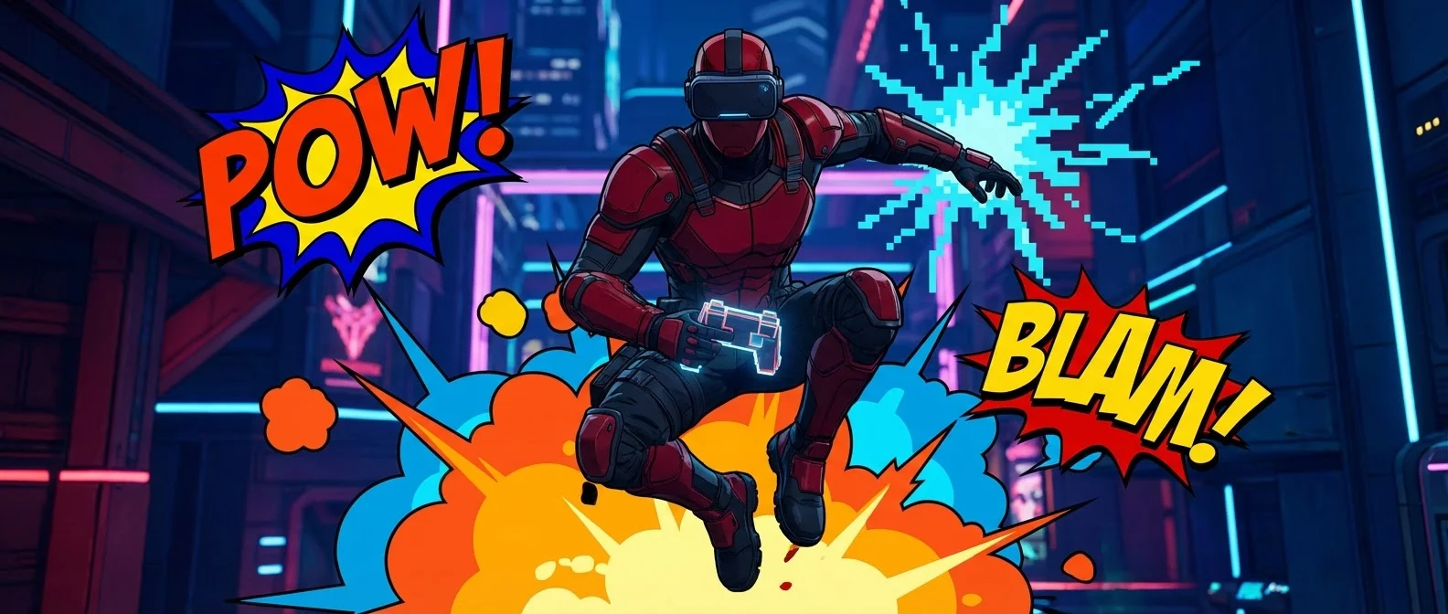 Deadpool VR gameplay screenshot με katanas και guns στο Mojo World για Meta Quest 3